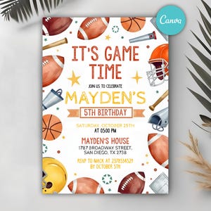Editable Sports Birthday Invitation, Sports Theme Invitation, Baseball Football Basketball, Sport Style Party Invitation, Instant Download