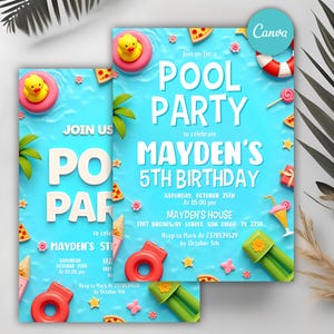 Pool Birthday Invitation, Summer Party Birthday Invitation, Pool Party Invite, Swimming Pool Party, Any Age, Editable Canva Template