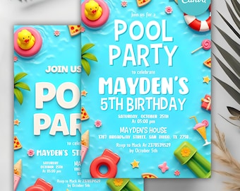 Pool Birthday Invitation, Summer Party Birthday Invitation, Pool Party Invite, Swimming Pool Party, Any Age, Editable Canva Template