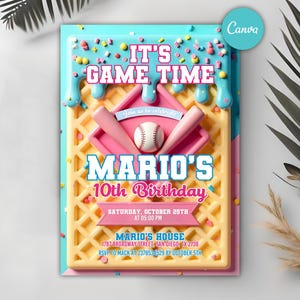 Editable Baseball Drip Birthday Invitation, Sports Birthday Party Invite for Any Age, Ice Cream Drip Invite, Baseball Invitation, Canva