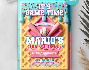Editable Baseball Drip Birthday Invitation, Sports Birthday Party Invite for Any Age, Ice Cream Drip Invite, Baseball Invitation, Canva