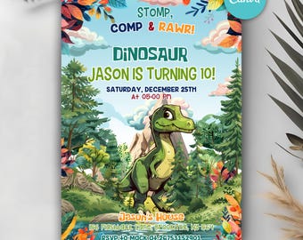 Bearbeitbare Dinosaurier-Geburtstagseinladung, Dino-Geburtstagsfeier-Thema, Mädchen-Jungen-Geburtstagsfeier-Einladung, Dinosaurier-Einladungsvorlage