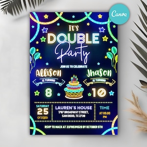 May include: Neon-colored birthday party invitation with a black background. The text reads "It's Double Party" with a cake and balloons. The invitation is for Allison turning 8 and Jhason turning 10. The party is on Saturday, October 25th at 5:00 PM at Lauren's House, 1787 Broadway Street, San Diego, TX 2738. RSVP to Mack at 2378534529 by October 5th.