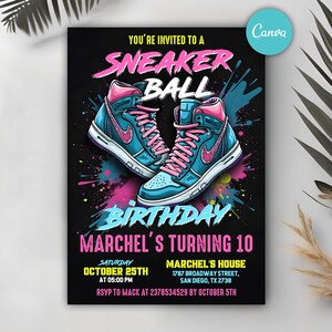 May include: A birthday party invitation with a colorful graphic of sneakers on a black background. The text reads "You're invited to a Sneaker Ball Birthday, Marchel's turning 10. Saturday, October 25th at 05:00 PM, Marchel's House, 1787 Broadway Street, San Diego, TX 2738. RSVP to Mack at 2378534529 by October 5th."