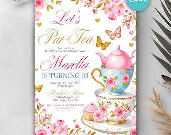 Tea Party verjaardagsuitnodiging, meisje par-Tea verjaardagsuitnodiging, roze bloemen theekopje partij, grillige Tea Party, bewerkbare canvas sjabloon