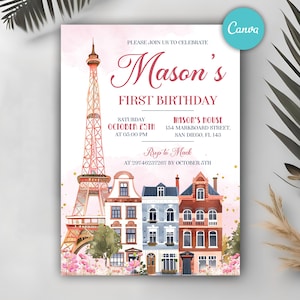 Plantilla de invitación para fiesta de cumpleaños en París, invitación para el primer cumpleaños, invitación de cumpleaños francesa, tema de la Torre Eiffel, fiesta de cumpleaños de niña