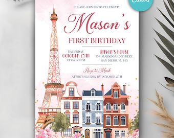 Paris Birthday Party Invitation Template, 1st Birthday Invitation, French Birthday Invitation, Eiffel Tower Theme, Girl Birthday Party
