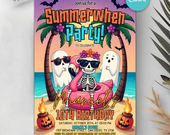 Plantilla de invitación para fiesta de verano, fiesta de Halloween en la piscina y cumpleaños, fiesta de verano en la piscina, fiesta de Halloween en la piscina, plantilla de Canva