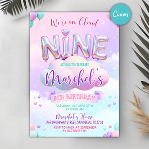May include: A pastel-coloured birthday invitation with a cloud and balloon theme. The invitation reads "We're on Cloud Nine" with the name "Marchel's" and details for a 9th birthday party. The design features decorative elements and a soft colour palette.