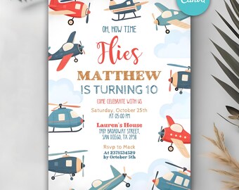 May include: A birthday invitation with a blue and red airplane theme. The invitation says "Oh, how time flies Matthew is turning 10. Come celebrate with us Saturday, October 25th at 05:00 PM. Lauren's House 1787 Broadway Street, San Diego, TX 2738. Rsvp to Mack at 2378534529 by October 5th."