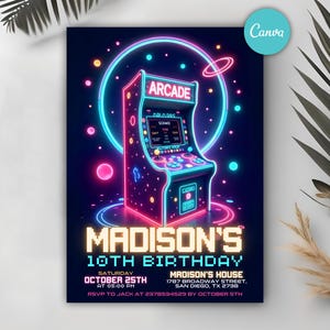 Arcade-Geburtstagseinladung, Retro-Gaming-Party einladen, Videospiel-Geburtstag einladen, Neon-Spielparty, Kindereinladung, bearbeitbare Canva-Vorlage