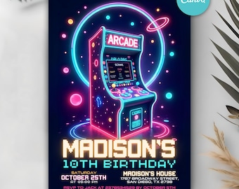 Invitación de cumpleaños de arcade, invitación a fiesta de juegos retro, invitación de cumpleaños de videojuegos, fiesta de juegos de neón, invitación para niños, plantilla editable de Canva