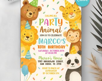 Invitación "Llamada a todos los animales de fiesta", invitación de cumpleaños infantil con animales de fiesta, adorables animales con sombreros de cumpleaños, plantilla editable de Canva