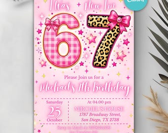 Six Seven Meme Birthday Invitation, Girl 7th Birthday Party Invite, Pink Gingham Cheetah Leopard Bow, Editable Canva Template