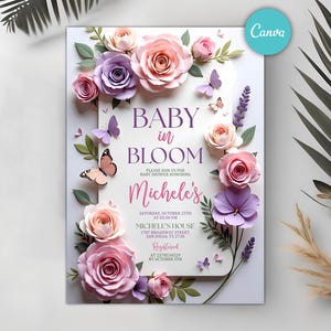 Editable Baby in Bloom Invitation, Flower Baby Shower Invitation, Wildflowers Baby Shower Invite, Purple Pink Butterflies, Canva Template
