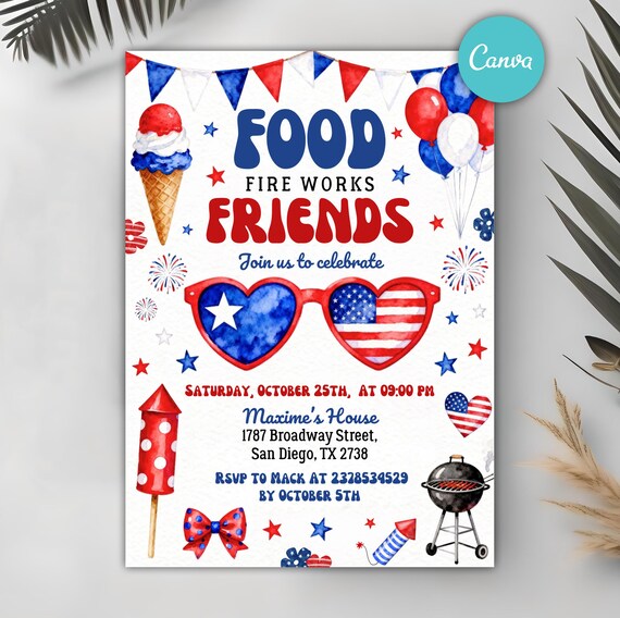 4th Of July Party Invitation, Food Fireworks Friends Invite, Watercolor Independence Day BBQ, Patriotic Summer Bash, Editable Canva