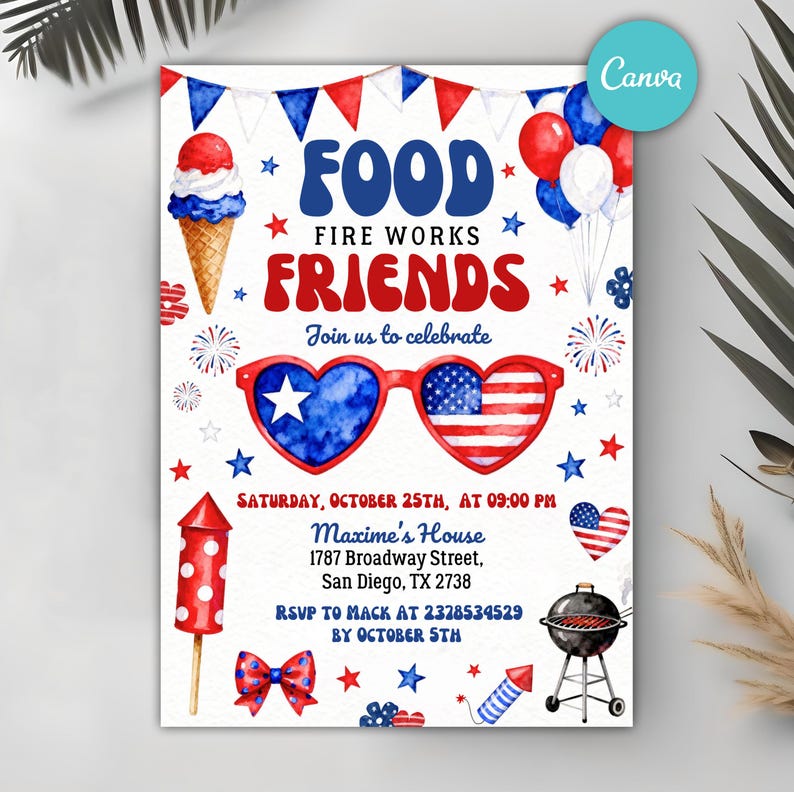4th of July Invite, Independence Day, BBQ Party Invite, Summer Celebration, Watercolor Invite, Patriotic Party, Food Fireworks, Friends Bash, Red White Blue, Heart Sunglasses, Editable Template, Canva Invitation, Digital Download