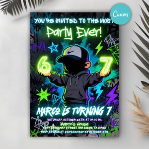 May include: A party invitation with graffiti-style art. The invitation features a cartoon boy holding glowing numbers 6 and 7. Text includes "Party Ever!" and "Marco is turning 7". The date, time, and location are also listed.