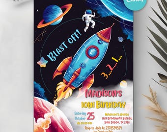 Outer Space Birthday Invitation, Space Party Birthday Invitation, Galaxy Invitation, Planets Rocket Astronaut Invite, Canva Template