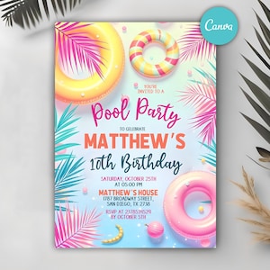 Invito modificabile per piscina, invito per compleanno festa in piscina, invito neon glow, tie dye tropicale, festa in piscina, download immediato