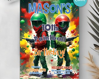 May include: A colorful invitation for a 10th birthday paintball party. The invitation features two cartoon figures wearing paintball gear and holding paintball guns. The text on the invitation reads "Join us to celebrate MASON'S 10th Paintball Birthday!"  Saturday, October 25th at 1:00 pm. MASON'S HOUSE, 154 Markboard Street, San Diego, FL 143. RSVP to Mack at 29746237267 by October 5th.
