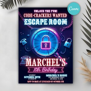 Puede incluir: Invitación de neón para el décimo cumpleaños de Marchel, con temática de sala de escape. El diseño presenta una lupa con un candado, teléfonos y el texto "CODE-CRACKERS WANTED". Incluye fecha, hora e información de RSVP.