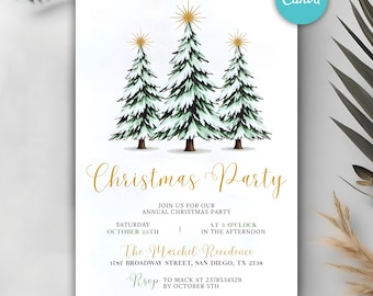 Op de afbeelding: Een witte kerstfeestuitnodiging met drie geïllustreerde dennenbomen bekroond met gouden sterren. De tekst "Christmas Party" staat in gouden script, met evenementdetails eronder, inclusief datum, tijd en locatie.