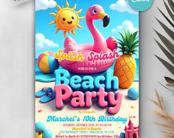 Editable Beach Birthday Invitation, Pool Party Invitation, Ocean Party Theme Invite, Summer Birthday Party, Any Age, Instant Download