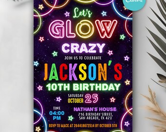Glow-Geburtstagsfeier-Einladung, Glow Crazy-Geburtstags-Einladung, Neon-Glow einladen, Neonlichter, Junge oder Mädchen, Geburtstagsparty jedes Alters einladen