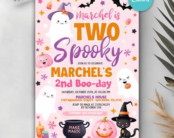 May include: A pink Halloween-themed invitation with the text "Marchel is TWO Spooky." The design includes cartoon ghosts, pumpkins, bats, and a black cat. The invitation also includes party details such as the date, time, and location.