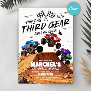 monster truck party,3rd birthday invite,third gear party,editable invite,instant download,monster truck theme,third gear,three year old,truck theme party,boy 3rd birthday,canva template,racing invitation,printable invite