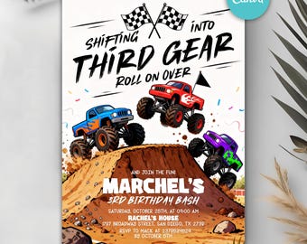Monster Truck Birthday Invitation, Shifting Into Third Gear Party Invite, Boy 3rd Birthday Invitation, Editable Canva Template