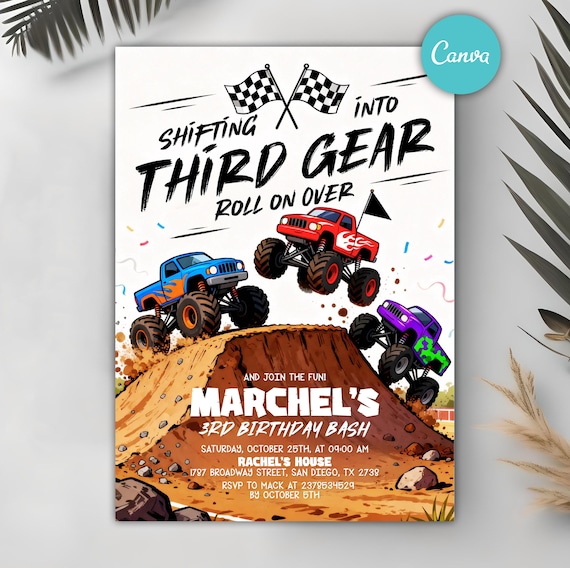 Monster Truck Birthday Invitation, Shifting Into Third Gear Party Invite, Boy 3rd Birthday Invitation, Editable Canva Template