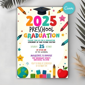 Preschool Graduation Invitation, Pre-K Graduation Invitation, Preschool Graduation Invite Class of 2025 Preschool Digital Editable Printable