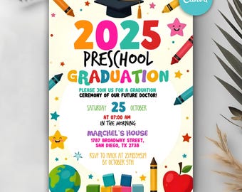 Invitación de graduación de preescolar, invitación de graduación de preescolar, invitación de graduación de preescolar de la clase de 2025, digital, editable e imprimible.