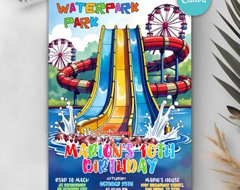 May include: A colorful birthday party invitation featuring a waterpark theme. The design includes a water slide, Ferris wheels, and the text "Waterpark Park" and "Marion's 10th Birthday". Additional details include RSVP and event location.