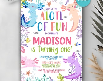 Editable Axolotl Birthday Invitation, Girl Axolotl Invite, Axolotl Party Invite Template, Cute Girly Alotl Fun Birthday Party, Digital Canva