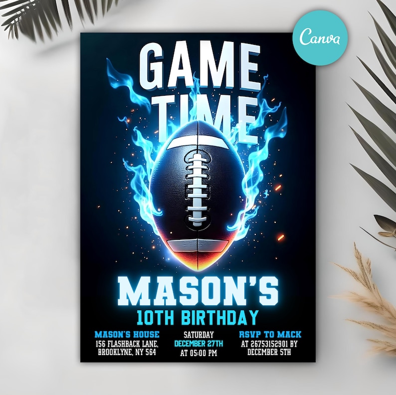 Editable Football Invitation, Football Birthday Party Invitation, Sports Themed Party Invitation, Neon Invite,Football Game, Any Age, Instant Download