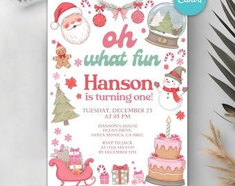 Puede incluir: Una invitación de cumpleaños con temática navideña con una combinación de colores rosa y verde. La invitación presenta ilustraciones de Papá Noel, un muñeco de nieve, una bola de nieve, un árbol de Navidad y una tarta de dos pisos. El texto incluye el nombre "Hanson" y la frase "oh what fun".