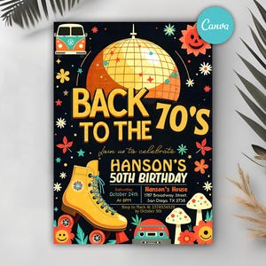 Bewerkbare 70s verjaardagsuitnodiging, throwback-feestuitnodiging, terug naar de jaren 70 80s 90s uitnodigen, neon glow dance disco 2000s, retro uitnodiging