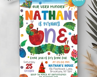 Very Hungry Caterpillar First Birthday Invitation, Hungry Caterpillar Invite, Kid Invitation, Any Age Birthday Invite, Editable Canva