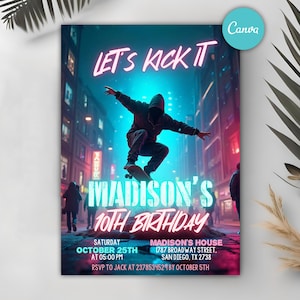 Skate Birthday Invitation, Skateboard Birthday Party Invitation, Skate Party Invite, Teen Skateboarding, Boy Birthday Invitation Template