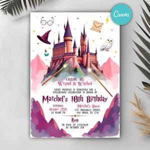 Könnte beinhalten: Eine fantasievolle Einladung mit einer Schlossillustration, Zauberstäben und magischen Symbolen. Der Text lautet "Calling All Wizard & Witches" und kündigt eine Feier zum 10. Geburtstag an. Eventdetails und RSVP enthalten.