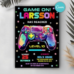 Video Game Party Birthday Invitation, Gamer Birthday Party Invitation, Neon Game Birthday Party, Glow Game, Level Up Invite, Digital Canva