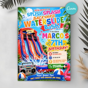 May include: A colorful party invitation flyer for a 7th birthday featuring a large red and blue inflatable waterslide, a retro boombox, a beach ball, and a pink flamingo pool float. The text reads Splish Splash Backyard Waterslide Bash.