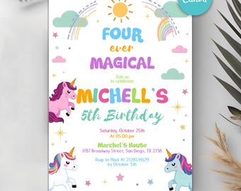 Editable Unicorn Birthday Invitation, Four Ever Magical Birthday Invite, Pastel Unicorn Invitation Template, Magical Rainbow Invite, Any Age