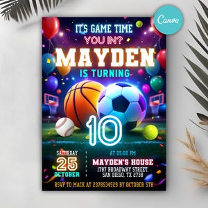 Sports Invitation, Neon Sports Invites, Sports flyer, Sport Theme Invite, Glow ALL STAR SPORTS Invitation, Editable Canva Template