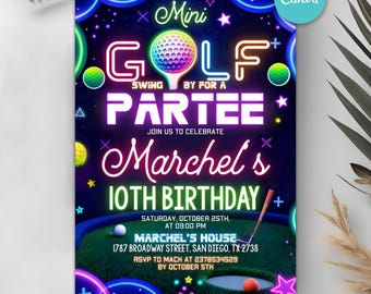 Mini Golf Birthday Invitation, Glow Party, Boy Girl Golf Party Invite, Golf Invitation, Sports Birthday Party, Let's Par Tee, Editable Canva