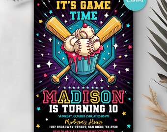 Baseball Ice Cream Drip Birthday Invitation, Neon Ice Cream Drip Invite, Kids Invitation, Editable Canva Template
