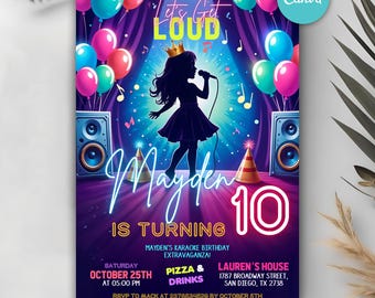 Puede incluir: Una invitación a una fiesta de cumpleaños con un fondo morado, azul y rosa. La invitación presenta una silueta de una niña cantando en un micrófono en un escenario con altavoces y globos. El texto de la invitación dice "Let's Get Loud" y "Mayden cumple 10 años".
